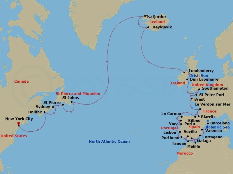 Route map: Barcelona → Valencia → Cartagena → Malaga → Melilla → Tangier → Seville → Portimao → Lisbon → Oporto