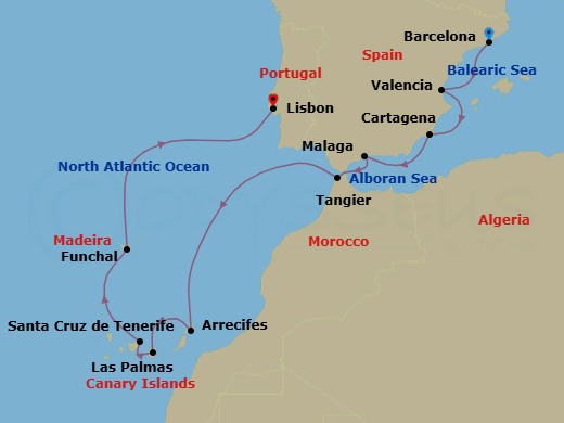 Route map: Barcelona → Valencia → Cartagena → Malaga → Tangier → Arrecife (Lanzarote) → Las Palmas De Gran Canaria → Santa Cruz De Tenerife → Funchal (Madeira) → Lisbon
