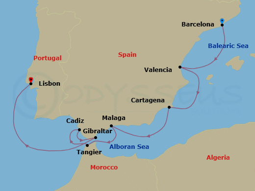 Route map: Barcelona → Valencia → Cartagena → Malaga → Tangier → Seville (Cadiz) → Gibraltar → Lisbon