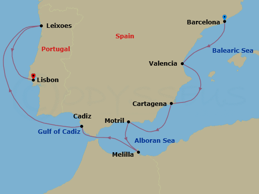 Route map: Barcelona, Spain → Valencia, Spain → Cartagena, Spain → Motril (Granada), Spain → Melilla, Spanish Morocco, Spain → Cadiz (Seville), Spain → Leixoes (Porto), Portugal → Lisbon, Portugal