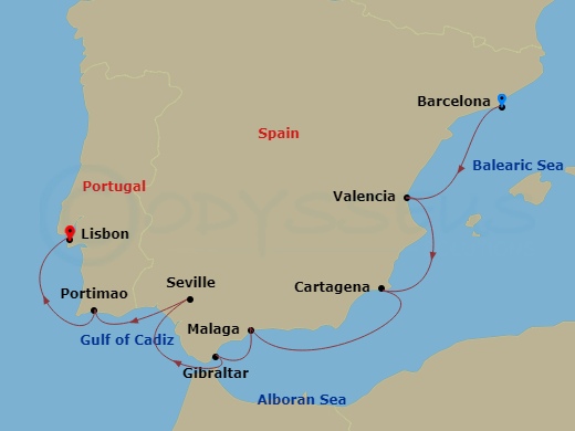 Route map: Barcelona → Valencia → Cartagena → Malaga → Gibraltar → Seville → Portimao → Lisbon