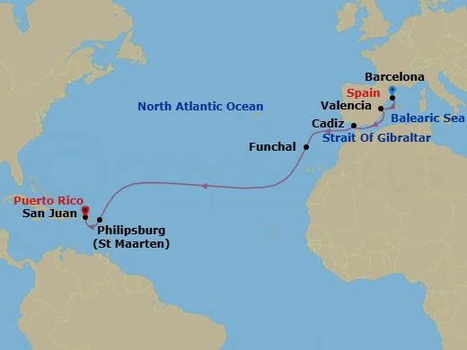 Route map: Barcelona → Valencia → Seville (Cadiz) → Madeira (Funchal) → Philipsburg → San Juan