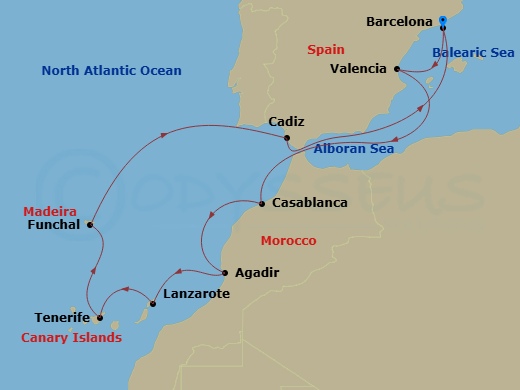 Route map: Barcelona → Valencia → Casablanca → Agadir → Arrecife (Lanzarote) → Santa Cruz De Tenerife → Funchal (Madeira) → Cadiz → Barcelona