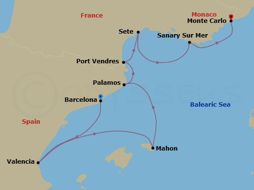 Route map: Barcelona, Spain → Valencia, Spain → Mahon, Menorca, Spain → Palamos, Spain → Port-Vendres, France → Sete, France → Sanary-sur-Mer, France → Monte Carlo, Monaco