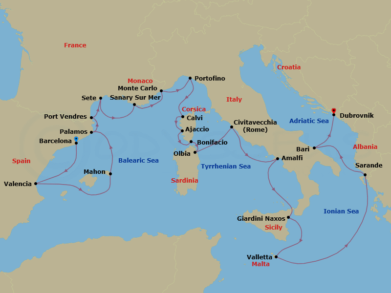 Route map: Barcelona, Spain → Valencia, Spain → Mahon, Menorca, Spain → Palamos, Spain → Port-Vendres, France → Sete, France → Sanary-sur-Mer, France → Monte Carlo, Monaco → Portofino, Italy → Calvi, Corsica, France
