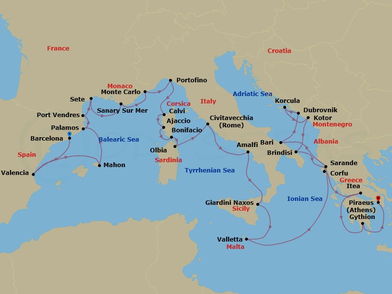 Route map: Barcelona, Spain → Valencia, Spain → Mahon, Menorca, Spain → Palamos, Spain → Port-Vendres, France → Sete, France → Sanary-sur-Mer, France → Monte Carlo, Monaco → Portofino, Italy → Calvi, Corsica, France