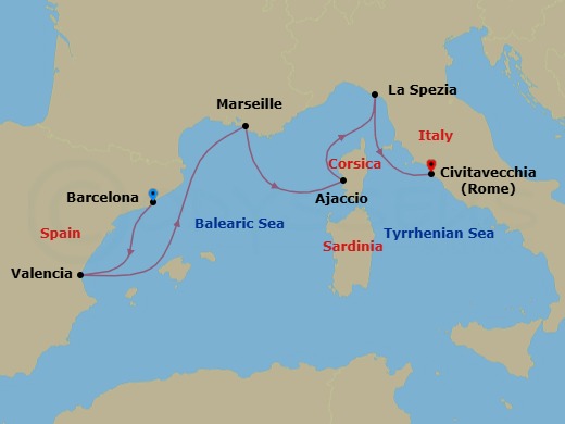 Route map: Barcelona, Spain → Valencia, Spain → Marseille, France → Ajaccio, Corsica, France → La Spezia (tours to Florence or Pisa), Italy → Civitavecchia (tours to Rome),Italy
