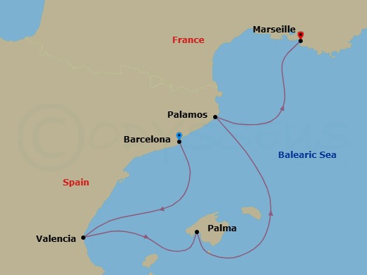Route map: Barcelona → Valencia → Palma De Mallorca → Palamos → Marseille