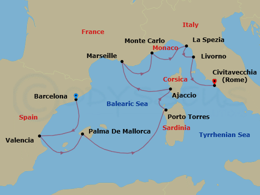 Route map: Barcelona → Valencia → Palma De Mallorca → Porto Torres (Sardinia) → Ajaccio (Corsica) → Provence (Marseille) → Monte Carlo → Cinque Terre (La Spezia) → Florence/Pisa/Tuscany (Livorno) → Rome (Civitavecchia)