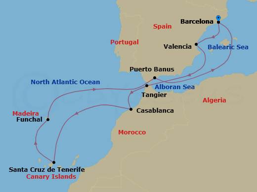 Route map: Barcelona → Valencia → Tangier → Casablanca → Santa Cruz De Tenerife → Funchal (Madeira) → Puerto Banus (Marbella) → Barcelona