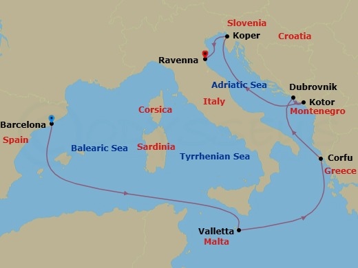 Route map: Barcelona, Spain → Valletta, Malta → Corfu, Greece → Dubrovnik, Croatia → Kotor, Montenegro → Koper, Slovenia → Venice (Ravenna), Italy