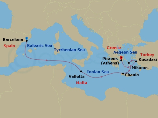 Route map: Barcelona, Spain → Valletta, Malta → Souda (Chania), Greece → Mykonos, Greece → Kusadasi (Ephesus), Turkey → Piraeus (Athens), Greece