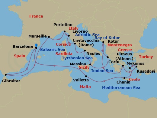 Route map: Barcelona, Spain → Valletta, Malta → Souda (Chania), Greece → Mykonos, Greece → Kusadasi (Ephesus), Turkey → Piraeus (Athens), Greece → Kotor, Montenegro → Kerkira, Nisos Kerkira (Corfu), Greece → Messina, Italy → Naples (Pompeii/Amalfi), Italy