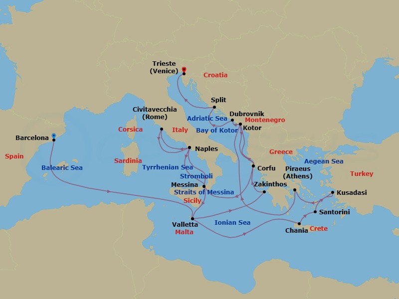 Route map: Barcelona, Spain → Valletta, Malta → Souda (Chania), Greece → Thira (Santorini), Greece → Kusadasi (Ephesus), Turkey → Piraeus (Athens), Greece → Kotor, Montenegro → Kerkira, Nisos Kerkira (Corfu), Greece → Messina, Italy → Naples (Pompeii/Amalfi), Italy