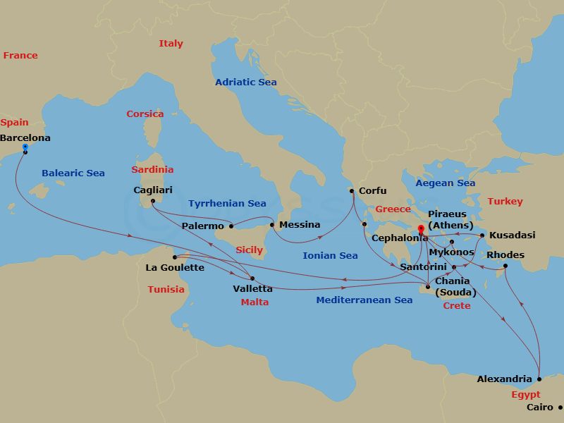 Route map: Barcelona, Spain → Valletta, Malta → Souda (Chania), Greece → Thira (Santorini), Greece → Kusadasi (Ephesus), Turkey → Piraeus (Athens), Greece → Alexandria (Cairo), Egypt → Rhodes, Greece → Mykonos, Greece → Piraeus (Athens), Greece