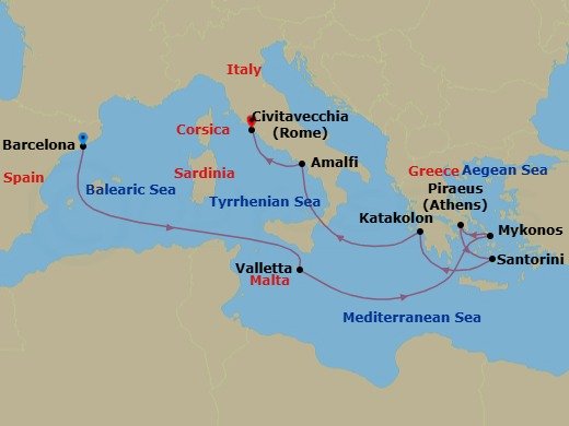 Route map: Barcelona, Spain → Valletta, Malta → Mykonos, Greece → Athens (Piraeus), Greece → Santorini, Greece → Olympia (Katakolon), Greece → Amalfi Coast (Salerno),Italy → Rome (Civitavecchia), Italy