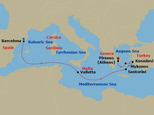 Route map: Barcelona, Spain → Valletta, Malta → Santorini, Greece → Ephesus (Kusadasi), Turkey → Mykonos, Greece → Athens (Piraeus), Greece
