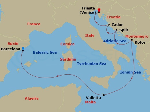 Route map: Barcelona, Spain → Valletta, Malta → Kotor, Montenegro → Split, Croatia → Zadar, Croatia → Trieste, Italy