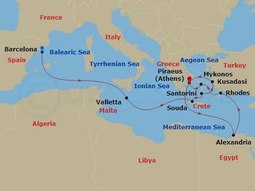 Route map: Barcelona, Spain → Valletta, Malta → Souda (Chania), Greece → Thira (Santorini), Greece → Kusadasi (Ephesus), Turkey → Piraeus (Athens), Greece → Alexandria (Cairo), Egypt → Rhodes, Greece → Mykonos, Greece → Piraeus (Athens), Greece