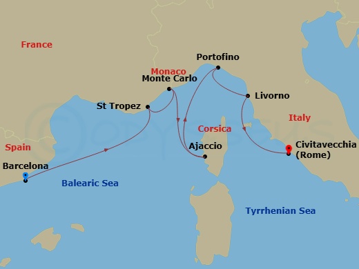 Route map: Barcelona → Saint Tropez → Monte Carlo → Ajaccio (Corsica) → Portofino → Livorno (Tuscany) → Civitavecchia (Rome)