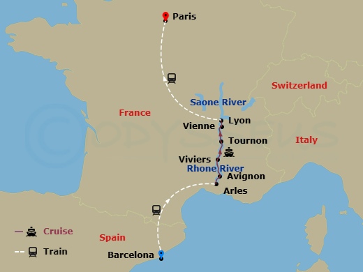 Route map: Barcelona → Arles → Weissenkirchen → Avignon → Arles → Viviers → Vienne → Limon → Paris