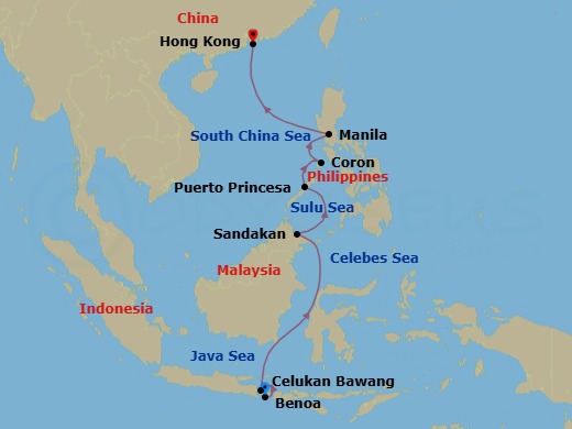 Route map: Benoa, Bali → Celukan,Bawang, Bali → Sandakan, Sabah → Puerto Princesa, Palawan → Coron → Manila → Hong Kong