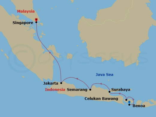Route map: Bali (Benoa) → Celukan Bawang (Bali) → Surabaya → Semarang (Java) → Jakarta → Singapore