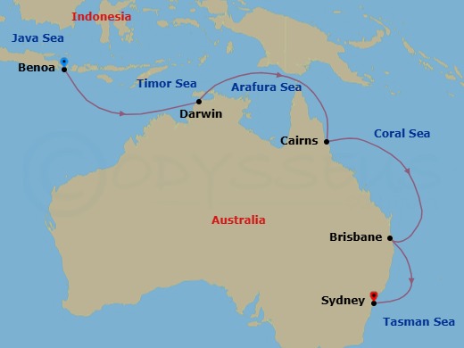 Route map: Benoa (Bali) → Darwin → Cairns → Brisbane → Sydney