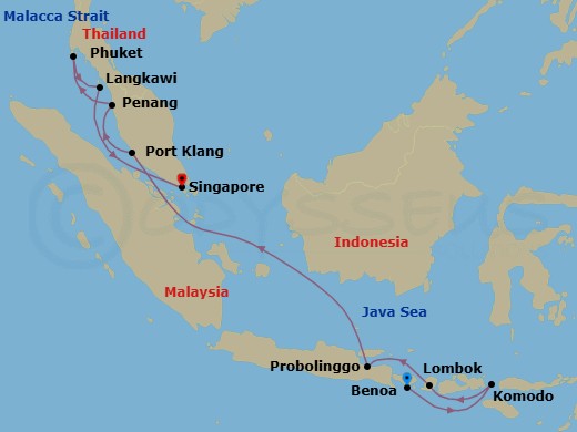 Route map: Bali (Benoa) → Komodo → Lombok (Lembar) → Probolinggo → Kuala Lumpur (Port Klang) → Penang → Phuket → Langkawi → Singapore