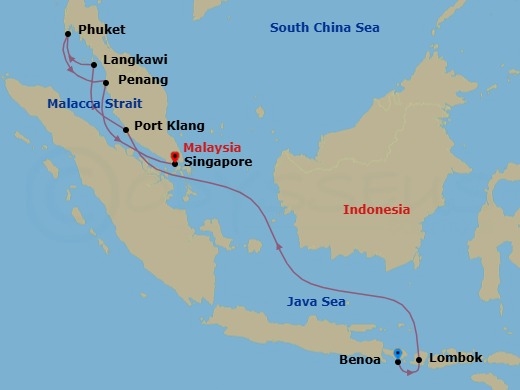 Route map: Bali (Benoa) → Lombok (Lembar) → Kuala Lumpur (Port Klang) → Langkawi → Phuket → Penang → Singapore