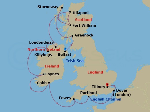 Route map: Belfast → Greenock → Stornoway → Glasgow (Greenock) → Kirkwall (Orkney Islands) → Londonderry → Belfast, NI, UK → Foynes → Cobh → Fowey