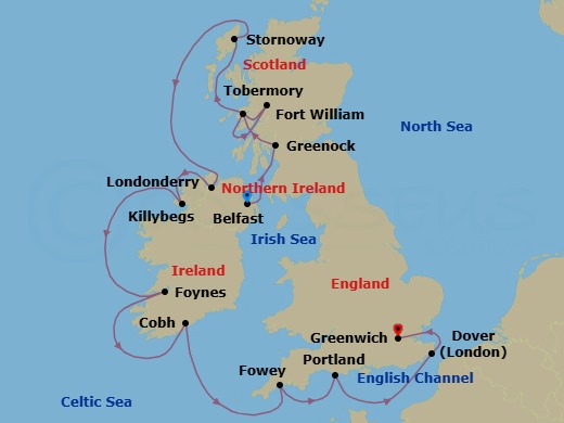 Route map: Belfast → Glasgow (Greenock) → Tobermory → Fort William → Lewis & Harris (Stornoway) Scotland → Londonderry → Killybegs → Foynes (Limerick) → Cobh (Cork) → Fowey