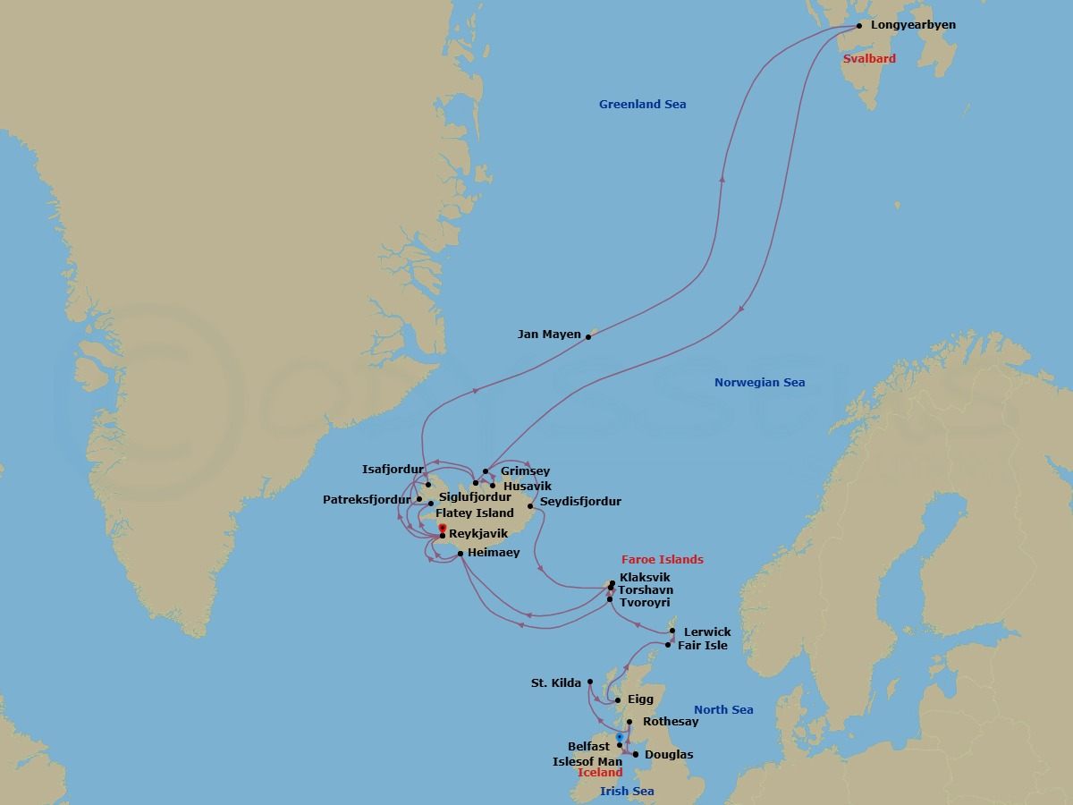 Route map: Belfast, Northern Ireland, United Kingdom → Calf of Man, Isle of Man → Douglas, Isle of Man → Rothesay, Isle of Bute, Scotland, United Kingdom → Am Baile, St Kilda, Scotland, United Kingdom → Isle of Eigg, Scotland, UK → Fair Isle, Shetland Islands, Scotland, UK → Lerwick, Shetland Islands, United Kingdom → Isle of Noss, Shetland Islands, Scotland, United Kingdom → Tvoroyri, Faroe Islands