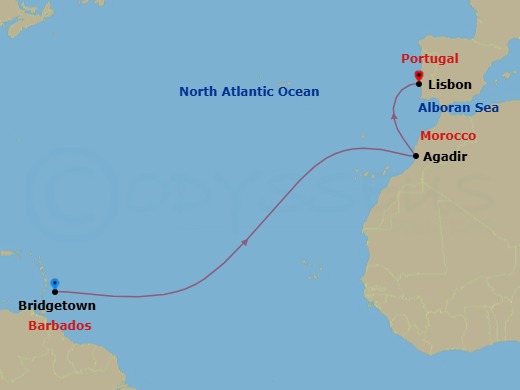 Route map: Bridgetown, Barbados → Agadir, Morocco → Lisbon, Portugal