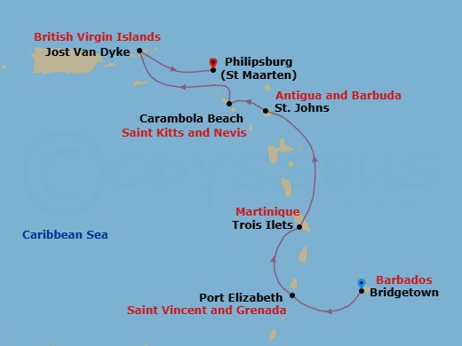 Route map: Bridgetown, Barbados → Port Elizabeth, Bequia, St. Vincent and the Grenadines → Trois Ilets, Martinique → St. Johns, Antigua and Barbuda → Carambola Beach, Saint Kitts and Nevis → Great Harbour, Jost van Dyke, British Virgin Islands → Philipsburg, Sint Maarten