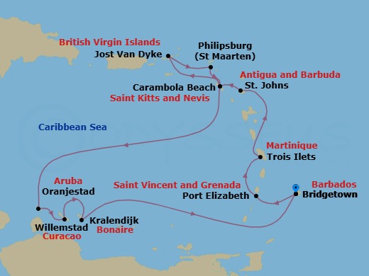 Route map: Bridgetown, Barbados → Port Elizabeth, Bequia, St. Vincent and the Grenadines → Trois Ilets, Martinique → St. Johns, Antigua and Barbuda → Carambola Beach, Saint Kitts and Nevis → Great Harbour, Jost van Dyke, British Virgin Islands → Philipsburg, Sint Maarten → Carambola Beach, Saint Kitts and Nevis → Oranjestad, Aruba → Willemstad, Curacao