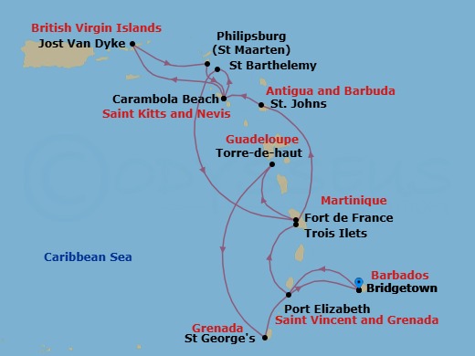Route map: Bridgetown, Barbados → Port Elizabeth, Bequia, St. Vincent and the Grenadines → Trois Ilets, Martinique → St. Johns, Antigua and Barbuda → Carambola Beach, Saint Kitts and Nevis → Great Harbour, Jost van Dyke, British Virgin Islands → Philipsburg, Sint Maarten → Carambola Beach, Saint Kitts and Nevis → Gustavia, Saint Barthelemy → Fort-De-France, Martinique