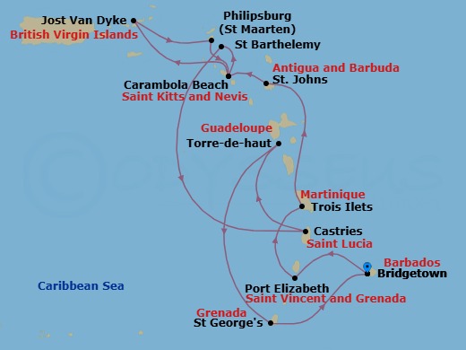 Route map: Bridgetown, Barbados → Port Elizabeth, Bequia, St. Vincent and the Grenadines → Trois Ilets, Martinique → St. Johns, Antigua and Barbuda → Carambola Beach, Saint Kitts and Nevis → Great Harbour, Jost van Dyke, British Virgin Islands → Philipsburg, Sint Maarten → Carambola Beach, Saint Kitts and Nevis → Gustavia, Saint Barthelemy → Castries, Saint Lucia