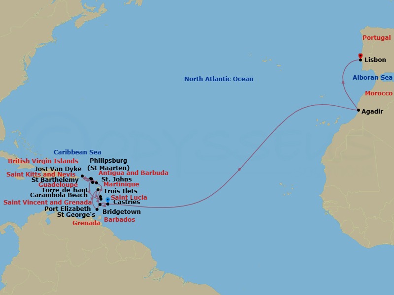 Route map: Bridgetown, Barbados → Port Elizabeth, Bequia, St Vincent and the Grenadines → Trois Ilets, Martinique → St Johns, Antigua and Barbuda → Carambola Beach, Saint Kitts and Nevis → Great Harbour, Jost van Dyke, British Virgin Islands → Philipsburg, Sint Maarten → Carambola Beach, Saint Kitts and Nevis → Gustavia, Saint Barthelemy → Castries, Saint Lucia