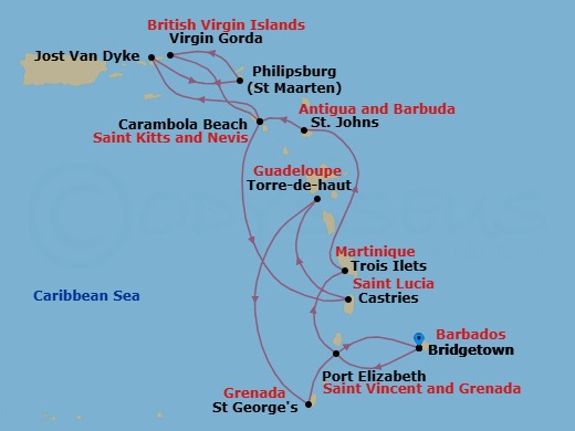 Route map: Bridgetown, Barbados → Port Elizabeth, Bequia, St. Vincent and the Grenadines → Trois Ilets, Martinique → St. Johns, Antigua and Barbuda → Carambola Beach, Saint Kitts and Nevis → Great Harbour, Jost van Dyke, British Virgin Islands → Philipsburg, Sint Maarten → Spanish Town, Virgin Gorda, British Virgin Islands → Carambola Beach, Saint Kitts and Nevis → Castries, Saint Lucia