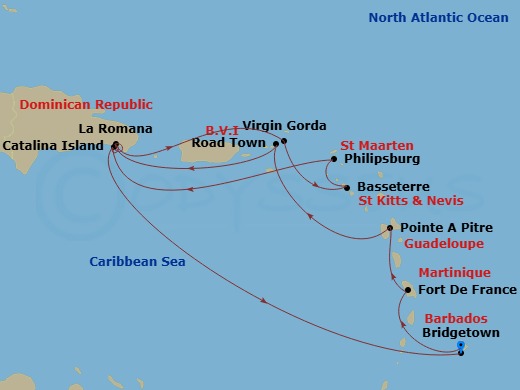 Route map: Bridgetown Barbados → Fort de France Martinique → Pointe-a-Pitre Guadeloupe → Road Town (Tortola) British Virgin Islands → La Romana Dominican Republic → Samana Bay Dominican Republic → Virgin Gorda Virgin Islands → Basseterre St Kitts & Nevis → Philipsburg St. Maarten → Catalina Island Dominican Republic