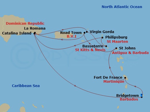 Route map: Bridgetown Barbados → Fort de France Martinique → St. John's Antigua and Barbuda → Road Town (Tortola) British Virgin Islands → La Romana Dominican Republic → Samana Bay Dominican Republic → Virgin Gorda Virgin Islands → Basseterre St Kitts & Nevis → Philipsburg St. Maarten → Catalina Island Dominican Republic