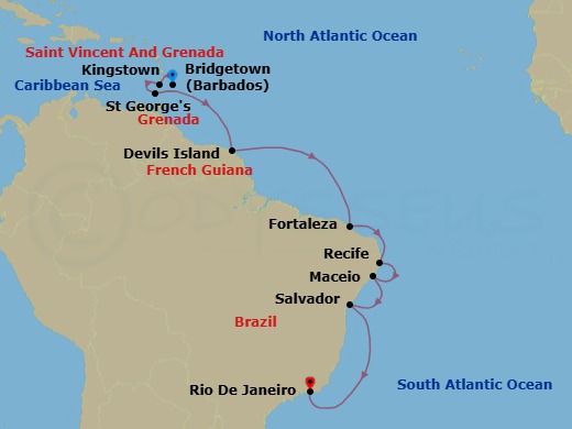 Route map: Bridgetown → Kingstown → St. George's → Devil's Island → Fortaleza → Recife → Maceio → Salvador → Rio De Janeiro