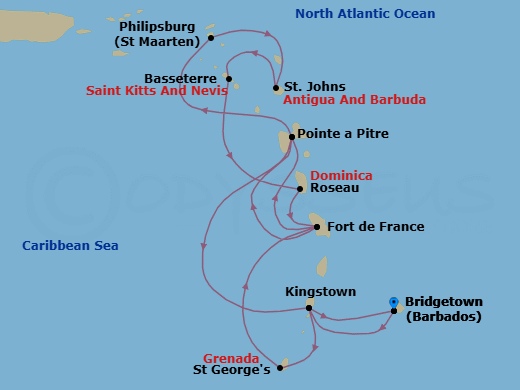Route map: Bridgetown Barbados → Kingstown St Vincent & The Grenadines → Saint George Grenada → Fort de France Martinique → Pointe-a-Pitre Guadeloupe → Philipsburg St. Maarten → St. John's Antigua and Barbuda → Basseterre St Kitts & Nevis → Roseau Dominica → Fort de France Martinique