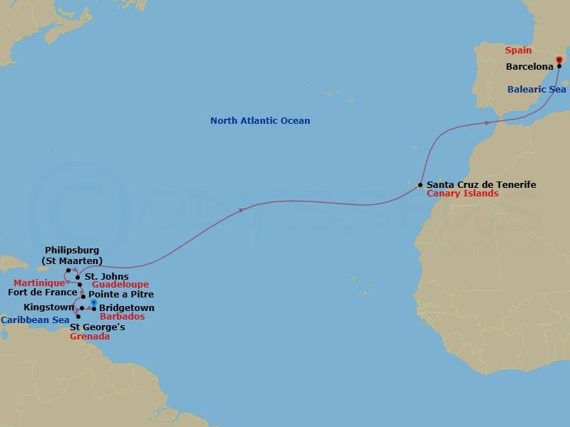 Route map: Bridgetown → Kingstown St Vincent & The Grenadines → St George's → Fort de France → Pointe a Pitre → St Maarten (Philipsburg) → St. Johns → Santa Cruz de Tenerife → Barcelona