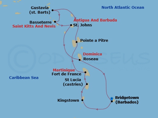 Route map: Bridgetown → Kingstown → Castries → Fort De France → Pointe A Pitre → Gustavia → Basseterre → St. John's → Roseau → Bridgetown