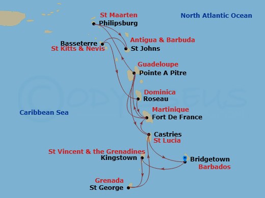 Route map: Bridgetown Barbados → Kingstown St Vincent & The Grenadines → Saint George Grenada → Castries Saint Lucia → Fort de France Martinique → Pointe-a-Pitre Guadeloupe → Philipsburg St. Maarten → St. John's Antigua and Barbuda → Basseterre St Kitts & Nevis → Roseau Dominica