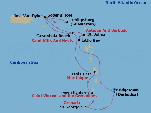 Route map: Bridgetown, Barbados → Rodney Bay, Saint Lucia → Little Bay, Montserrat → St. Johns, Antigua and Barbuda → Carambola Beach, Saint Kitts and Nevis → Great Harbour, Jost van Dyke, British Virgin Islands → Philipsburg, Sint Maarten → Sopers Hole (Frenchmans Cay), BVI → Carambola Beach, Saint Kitts and Nevis → Trois Ilets, Martinique