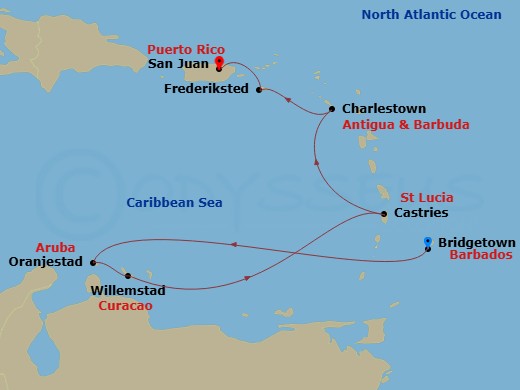 Route map: Bridgetown → Oranjestad → Willemstad → Castries → Charlestown, Nevis → Frederiksted, Saint Croix → San Juan