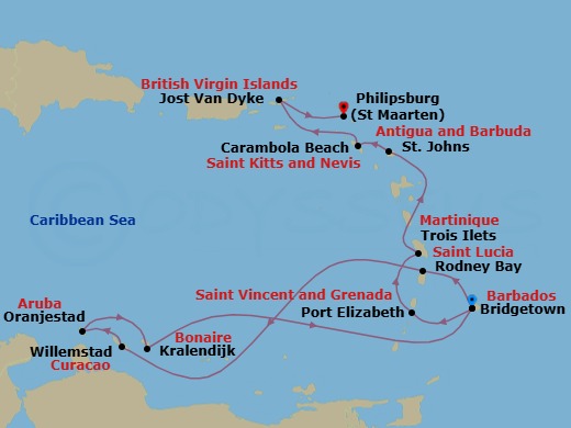 Route map: Bridgetown, Barbados → Rodney Bay, Saint Lucia → Willemstad, Curacao → Oranjestad, Aruba → Kralendijk, Bonaire → Bridgetown, Barbados → Port Elizabeth, Bequia, St. Vincent and the Grenadines → Trois Ilets, Martinique → St. Johns, Antigua and Barbuda → Carambola Beach, Saint Kitts and Nevis